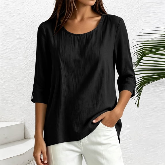 Ynynloco Women's 100%Cotton 3/4 Sleeve Blouse Crew Neck Button Down Casual Tops Loose Fit Basic Tees