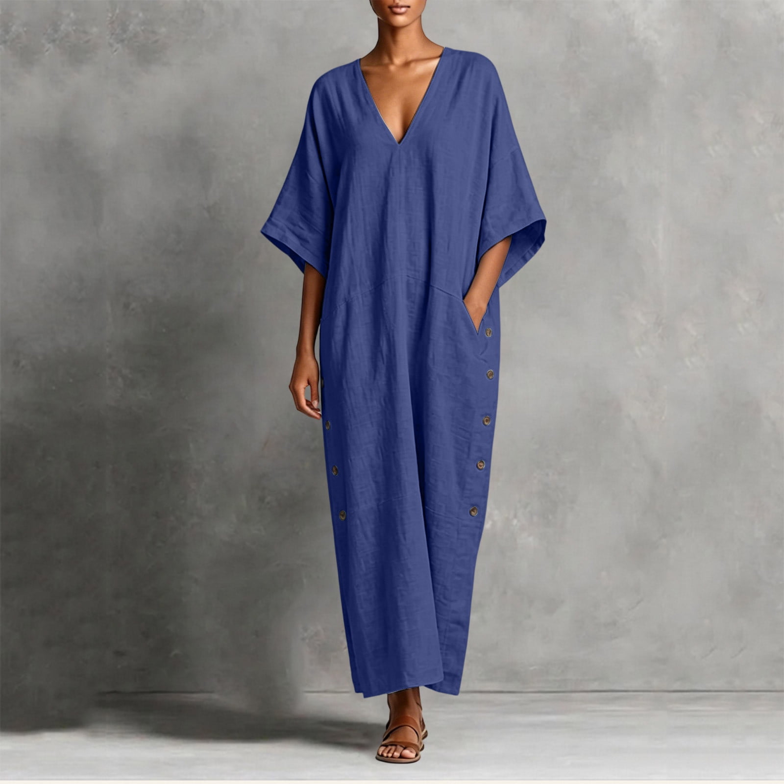 caftan dress cotton White Linen Kaftan Dress - Kaftan Maxi Dress, Long Sleeves & Pockets
