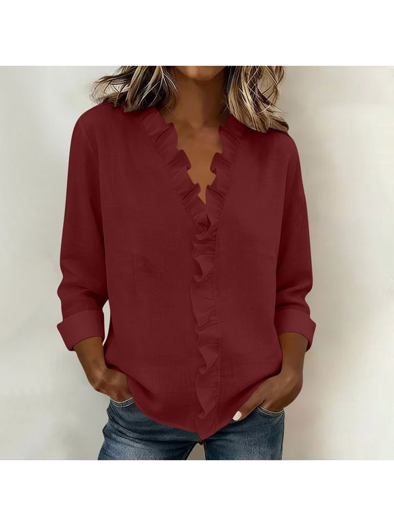Women's 100%Cotton Long Sleeve Tops Ruffle Blouse Dressy Casual Summer Trendy Work Shirts