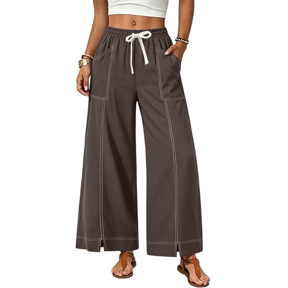 Ynynloco Women's 100%Cotton Wide Leg Lounge Pants with Pockets Flowy Lightweight High Waisted Drawstring Loose Casual Trousers