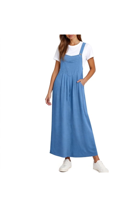 Women's Adjustable Elegant Straps Back Smocked A-Line Long Skirt Denim Overall Pinafore Dress