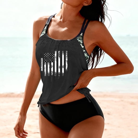 Ynynloco Women's American Flag Print Tankini Top with Drawstring Hem, Double Strap Two Piece Bathing Suit
