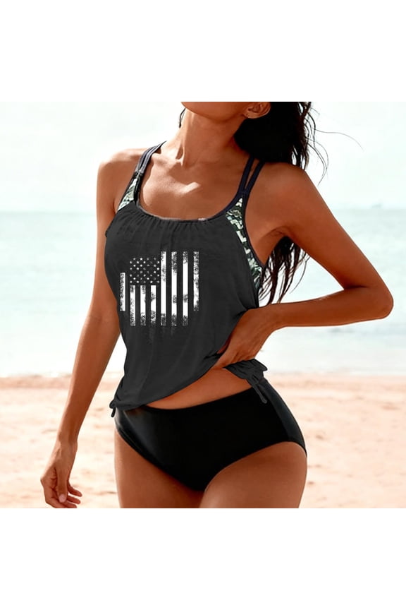 Women's American Flag Print Tankini Top with Drawstring Hem, Double Strap Two Piece Bathing Suit