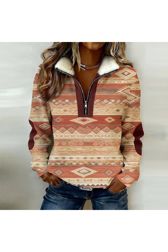 Women's Aztec Print Half-Zip Fleece Top Fluffy Collar Tribal Pattern Long Sleeve Cozy Relaxed Fit Pullover