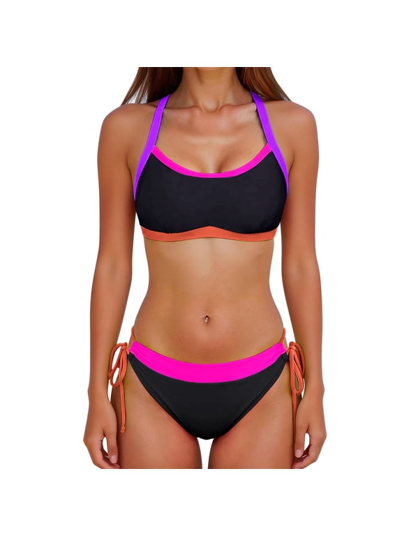 Women's Bikini Sets Two Piece Color Block Bathing Suits Sexy Textured Halter Padded Bikini Swimsuits