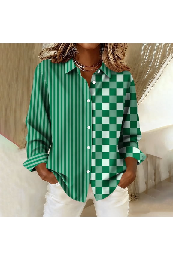 Women's Blouses Striped Lattice Long Sleeve Shirts Button Down Collared Loose Fit Casual Tops