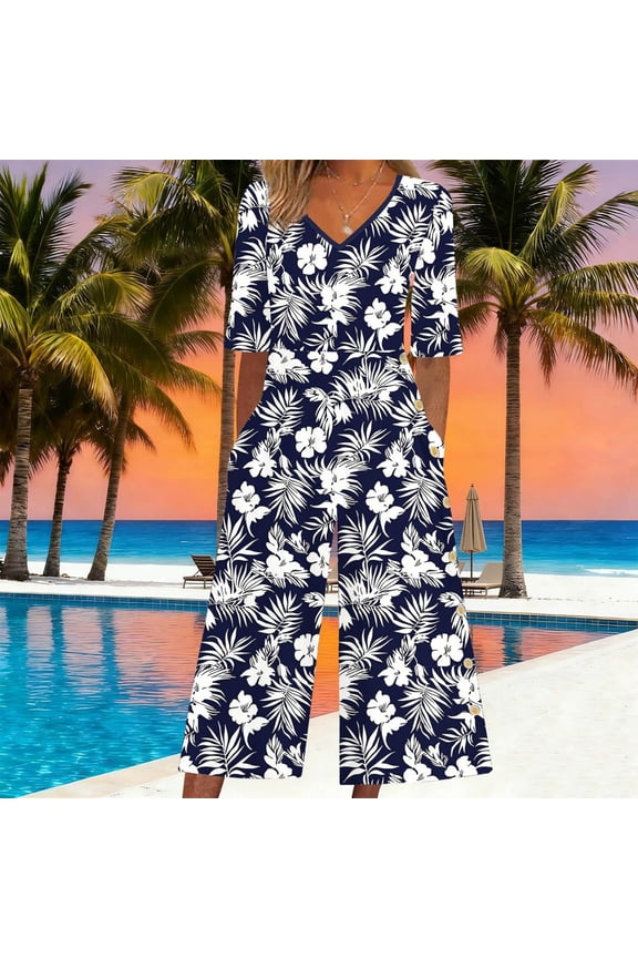Women's Boho Floral Jumpsuit V Neck Half Sleeve Wide Leg Casual Jumpsuit with Pockets for Beach