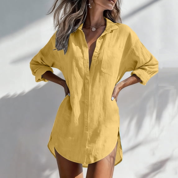 Ynynloco Women's Button Down Shirt Dresses with Pockets Cotton Linen Long Sleeve Collared Solid Blouse Tops