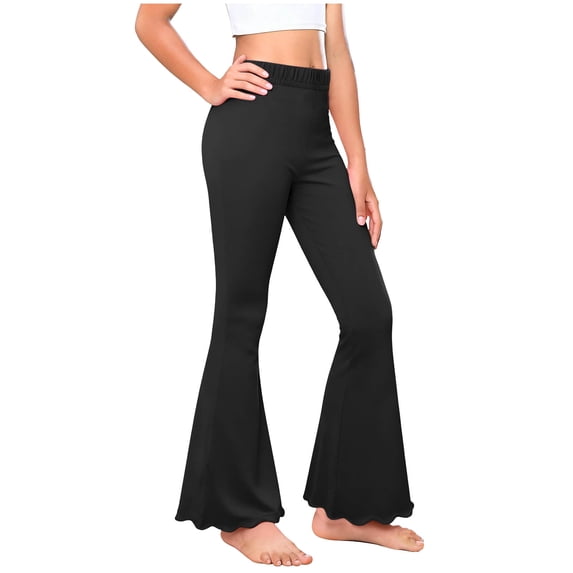 Ynynloco Women's Casual High Waist Ruffle Flare Pants Casual Scalloped Hem Wide Leg Solid Stretchy Bell Bottom