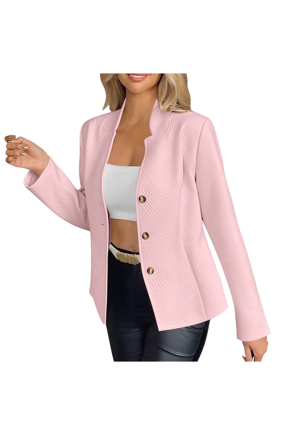 Women's Casual Long Sleeve Lapel Button Slim Work Office Blazer Jacket Embossed Textured Blazer Stand Collar Gold Button Suit Jacket