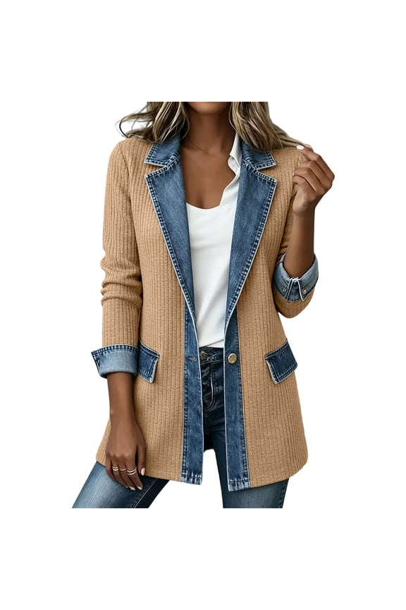 Women's Classic Notched Lapel One Button Long Sleeve Washed Business Denim Office Blazer