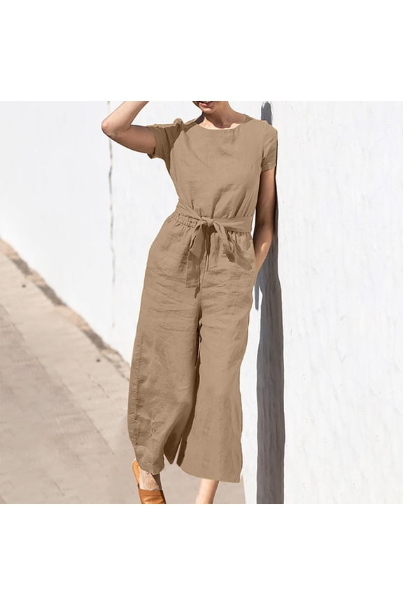 Women's Cotton Elegant Crew Neck One Piece Jumpsuits Dressy Casual Short Sleeve Wide Leg Long Pants Rompers
