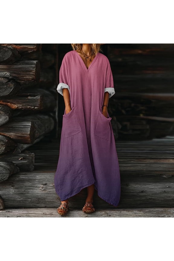 Women's Cotton Linen Maxi Dress V Neck Batwing Sleeve Oversized Loose Dress Kaftan Dress with Pocket