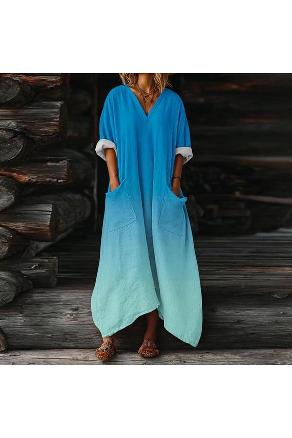 Women's Cotton Linen Maxi Dress V Neck Batwing Sleeve Oversized Loose Dress Kaftan Dress with Pocket