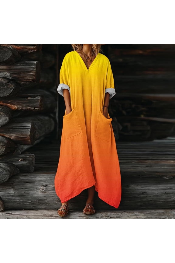 Women's Cotton Linen Maxi Dress V Neck Batwing Sleeve Oversized Loose Dress Kaftan Dress with Pocket