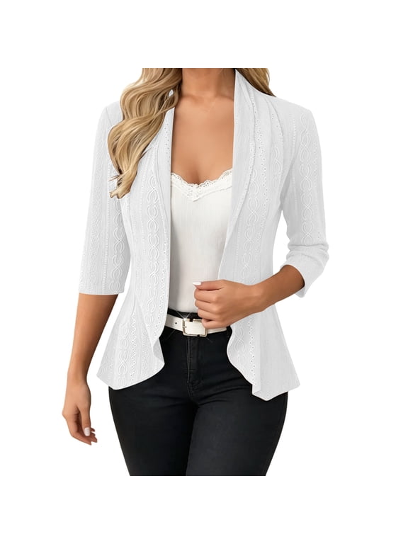 Women's Dressy Casual Blazer Open Front Office Work Business Lightweight Eyelet Embroidery Crop Suit Blazers
