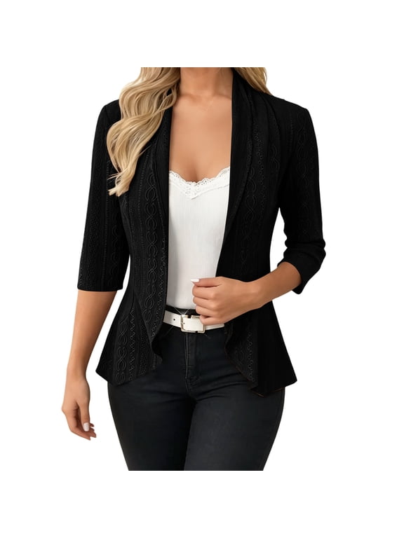Women's Dressy Casual Blazer Open Front Office Work Business Lightweight Eyelet Embroidery Crop Suit Blazers