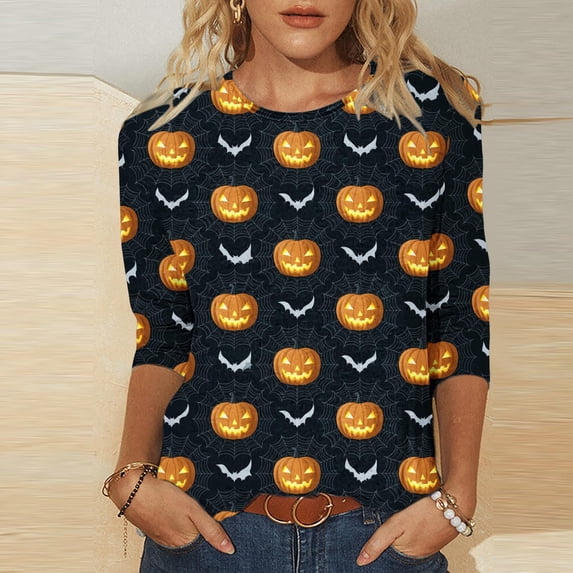 Ynynloco Women's Fall Shirts Halloween Crew Neck 3/4 Length Sleeve Pumpkin T-Shirts Thanksgiving Graphic Tee Tops