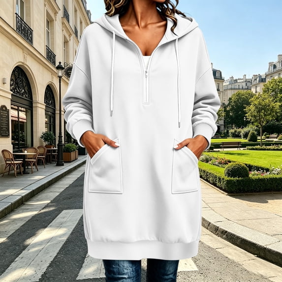 Ynynloco Women's Fall Winter Sweatshirt Dress Long Sleeve Hoodie dresses Half Zip Drawstring Hooded Tunic Tops with Pocket