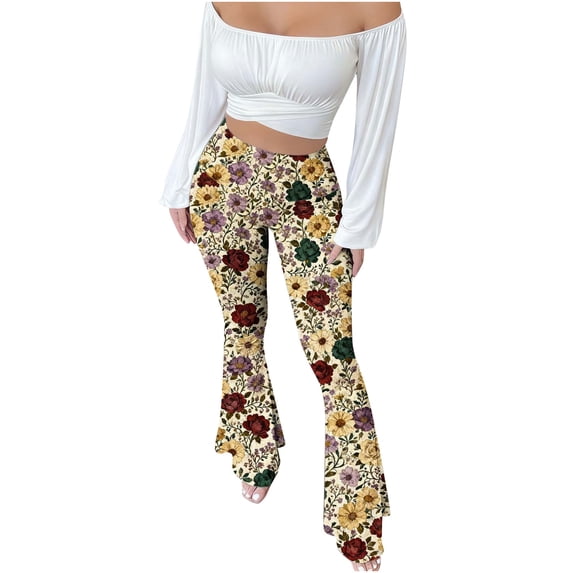 Ynynloco Women's Flared Pants Vintage Floral Print High Waist Wide Leg Slim Fit Trousers Trendy Casual Sport Yoga Walk Pants