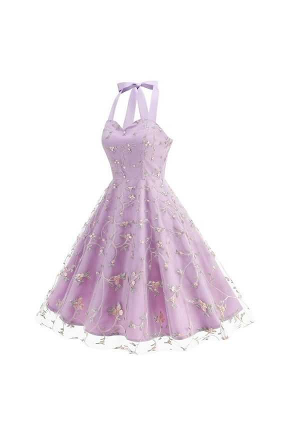 Women's Floral Embroidered Tulle Prom Half-Sleeve V Neck A-Line Midi Dress Casual Summer Dress