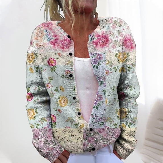 Ynynloco Women's Floral Print Cardigan Long Sleeve Open Front Button Down Casual Lightweight V Neck Knitted Sweaters