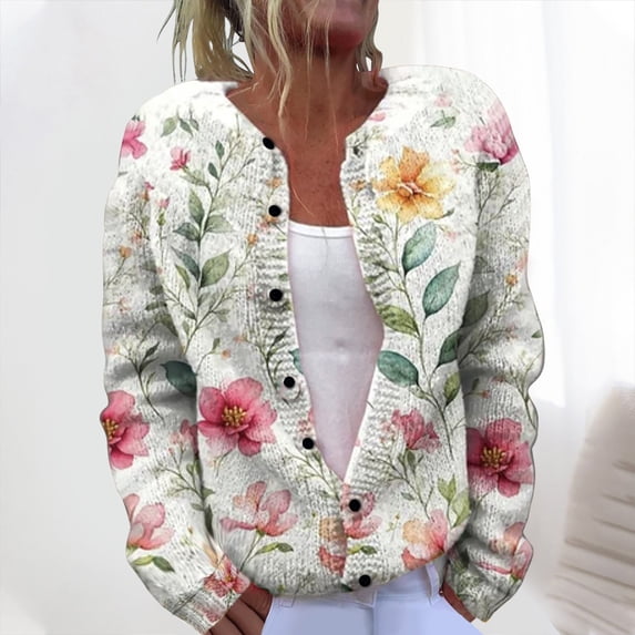 Ynynloco Women's Floral Print Cardigan Long Sleeve Open Front Button Down Casual Lightweight V Neck Knitted Sweaters