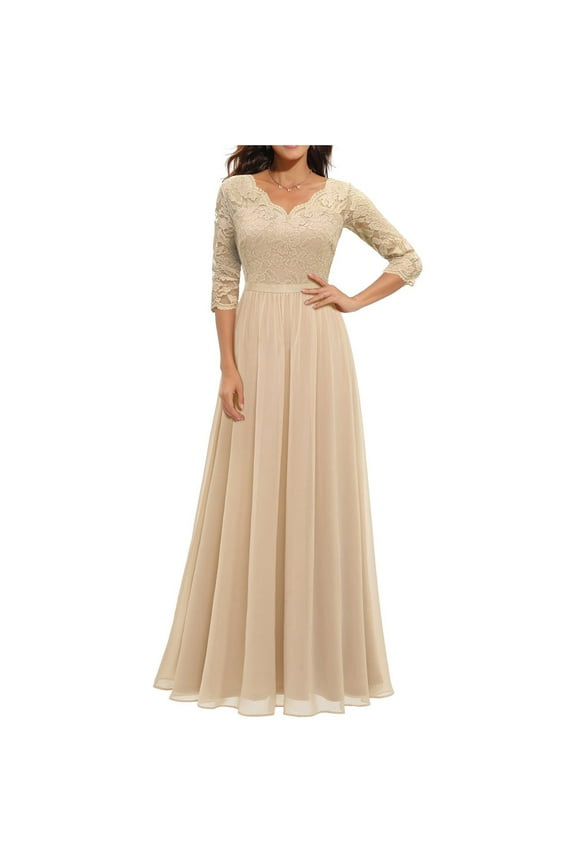 Women's Formal Floral Lace V Neck Dress Formal Bridesmaid Wedding Long Dress 2/3 Sleeves Long Evening Party Dress