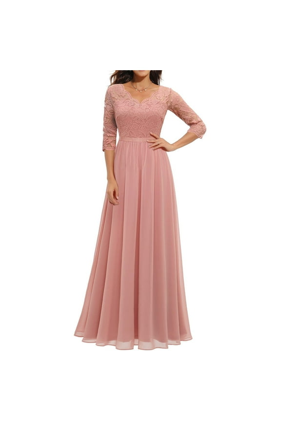 Women's Formal Floral Lace V Neck Dress Formal Bridesmaid Wedding Long Dress 2/3 Sleeves Long Evening Party Dress