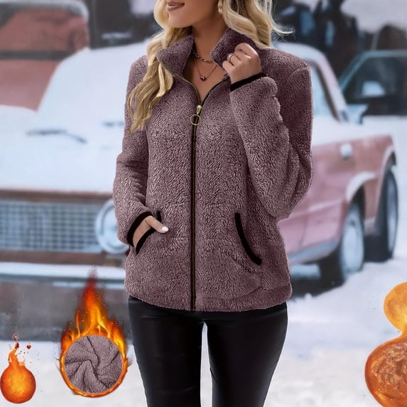 Ynynloco Women's Full Zip Fleece Jacket Faux Shearling Warm Winter Long Sleeve Stand Collar Sherpa Coat Outwears with Pocket