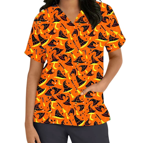 Ynynloco Women's Halloween Pumpkin Print Scrub Top Short Sleeve V‑Neck Work Shirt with Pocket Fall Casual Top