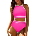 thumbnail image 1 of Ynynloco Women's Halter Bikini Set with Contrast Piping, High Waisted Two Piece Swimsuit Tummy Control Bathing Suit, 1 of 7