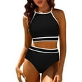 thumbnail image 1 of Ynynloco Women's Halter Bikini Set with Contrast Piping, High Waisted Two Piece Swimsuit Tummy Control Bathing Suit, 1 of 7
