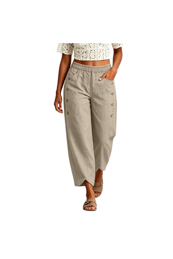 Women's High Waisted Pants Casual Summer Cotton Linen Tulip Pants Button Down Lounge Pants Trousers with Pockets