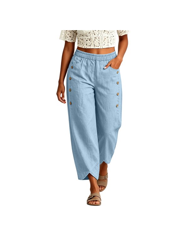 Women's High Waisted Pants Casual Summer Cotton Linen Tulip Pants Button Down Lounge Pants Trousers with Pockets