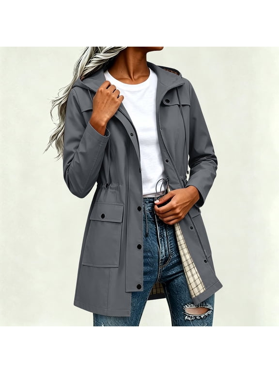 Women's Hooded Rain Jacket Long Waterproof Raincoat Casual Full Zip Up Midi Windbreaker Pockets