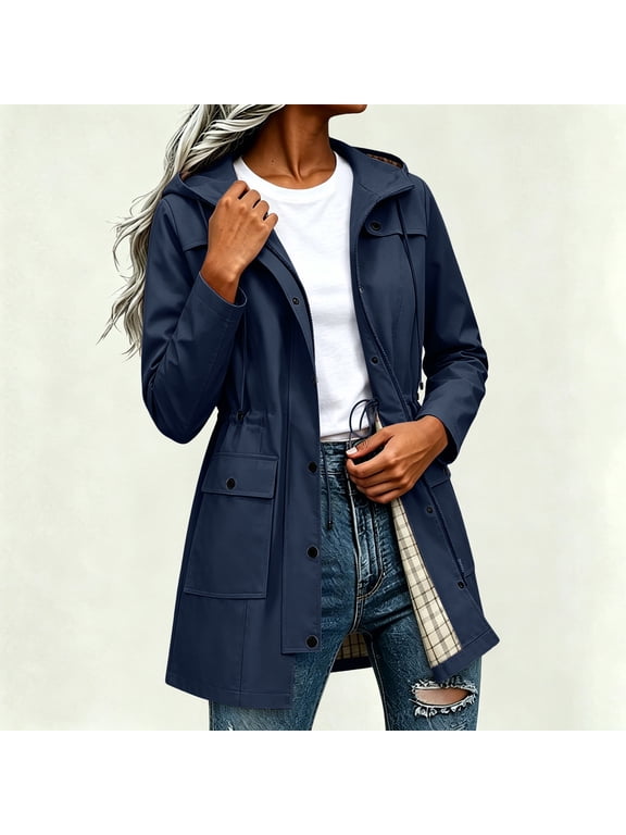 Women's Hooded Rain Jacket Long Waterproof Raincoat Casual Full Zip Up Midi Windbreaker Pockets