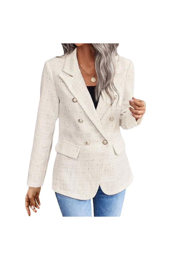 Women's Lapel Collar Plaid Tweed Blazer, Double Breasted Work Office Blazer Suit Jacket Spring Fall Blazers Coat