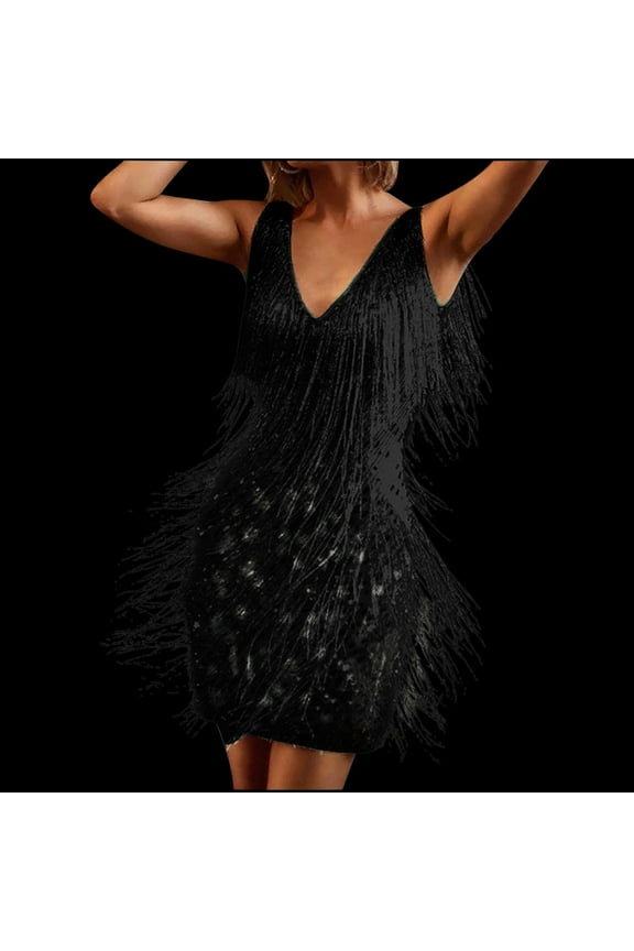 Women's Layered Fringe Deep V Neck Cami Mini Sequin Cocktail Dress Sleeveless Tassels Flapper Dresses