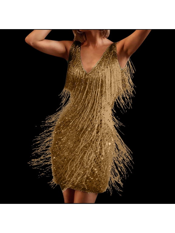 Women's Layered Fringe Deep V Neck Cami Mini Sequin Cocktail Dress Sleeveless Tassels Flapper Dresses