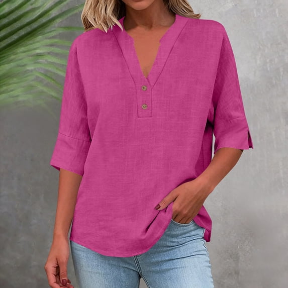 Ynynloco Women's Linen Blouse V Neck 3/4 Sleeve Button Down Loose Fit Casual Top Summer Blouse