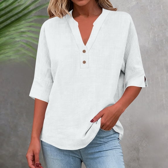 Ynynloco Women's Linen Blouse V Neck 3/4 Sleeve Button Down Loose Fit Casual Top Summer Blouse