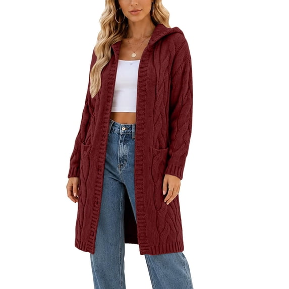 Ynynloco Women's Long Cardigans Cable Knitted Open Front Oversized Hooded Outerwear Sweater Coat with Pockets