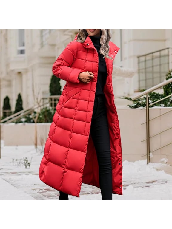 Women's Long Puffer Coat Warm Winter Quilted Jacket Full Length Zip Up Down Coat Thickened Puffy Parka with Hood