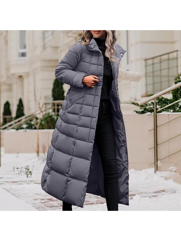 Women's Long Puffer Coat Warm Winter Quilted Jacket Full Length Zip Up Down Coat Thickened Puffy Parka with Hood
