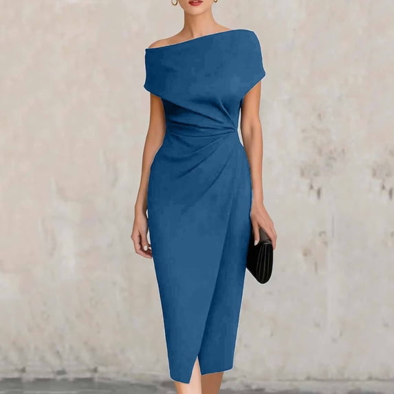 Ynynloco Women's Off Shoulder Wrap Sleeveless Dress Sexy Elegant Side Slit Ruched Wedding Guest Cocktail Party Midi Dress