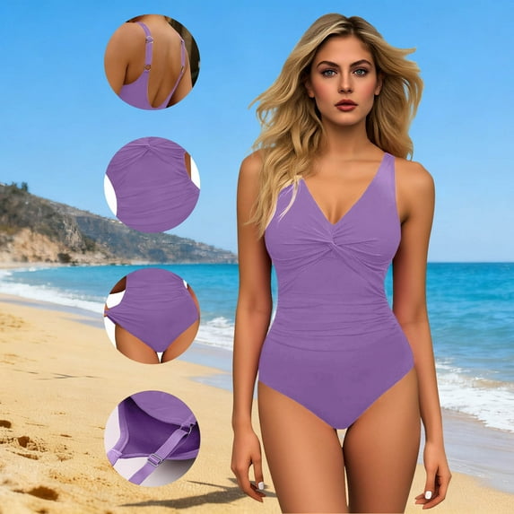 Ynynloco Women's One Piece Swimsuits Tummy Control Front Cross Bathing Suits Tie Back Push Up Slimming V Neck Swimwear