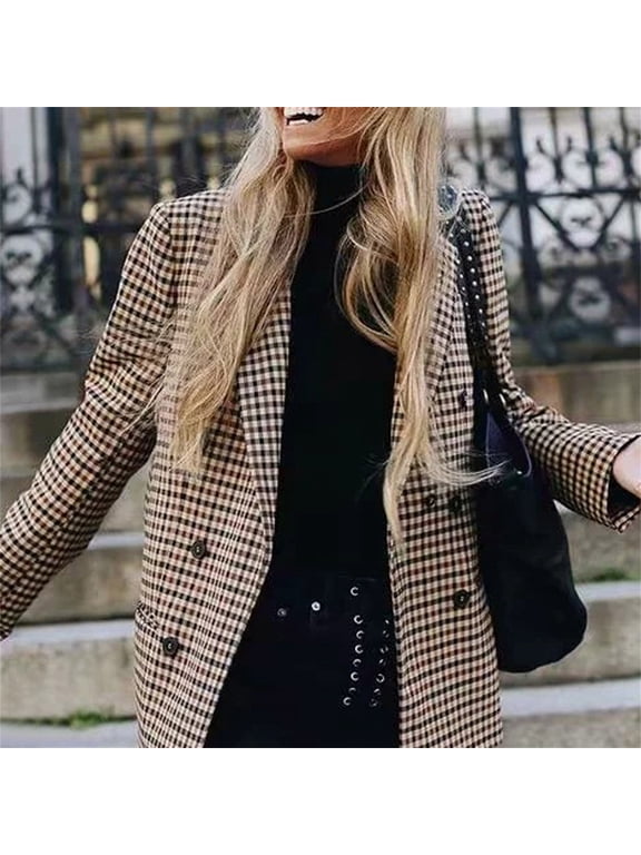 Women's Plaid Houndstooth Work Office Blazer, Double Breasted Notched Lapel Collar 2 Button Suit Jacket