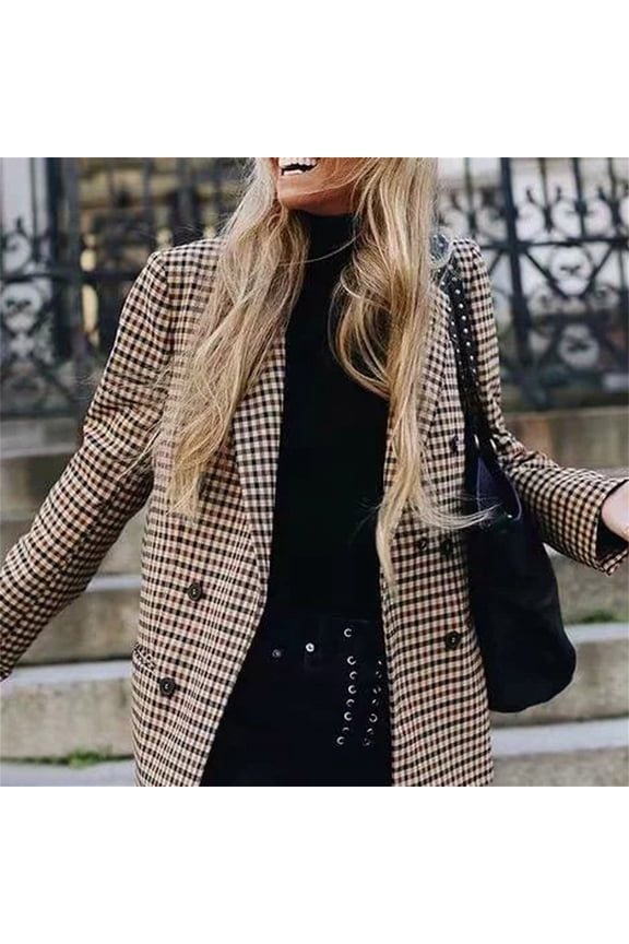 Women's Plaid Houndstooth Work Office Blazer, Double Breasted Notched Lapel Collar 2 Button Suit Jacket