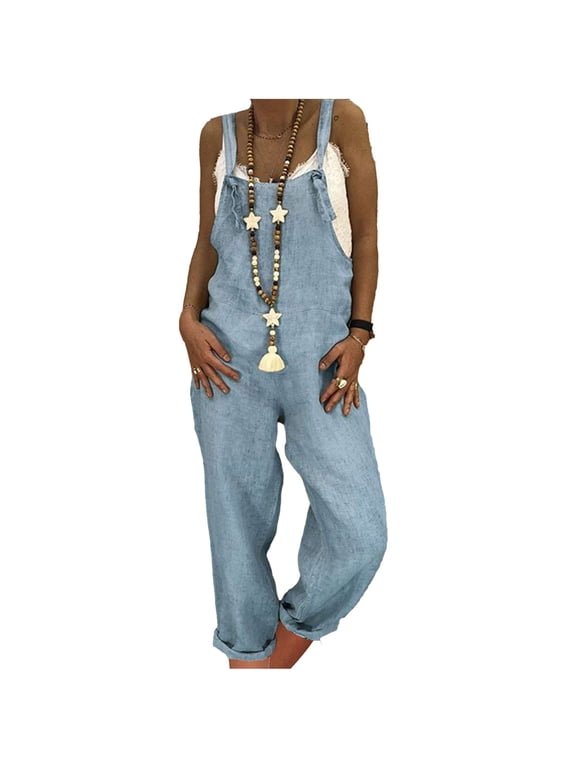Women’s Plus Size Denim Overall Bib Loose-fitting Wide Leg Adjustable Strap Jean Jumpsuits with Pockets